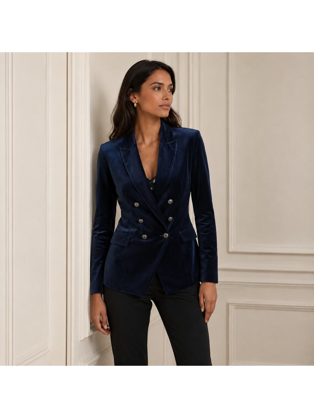 White House Black Market Double-Breasted Velvet Blazer Womens 4 Navy Long Sleeve